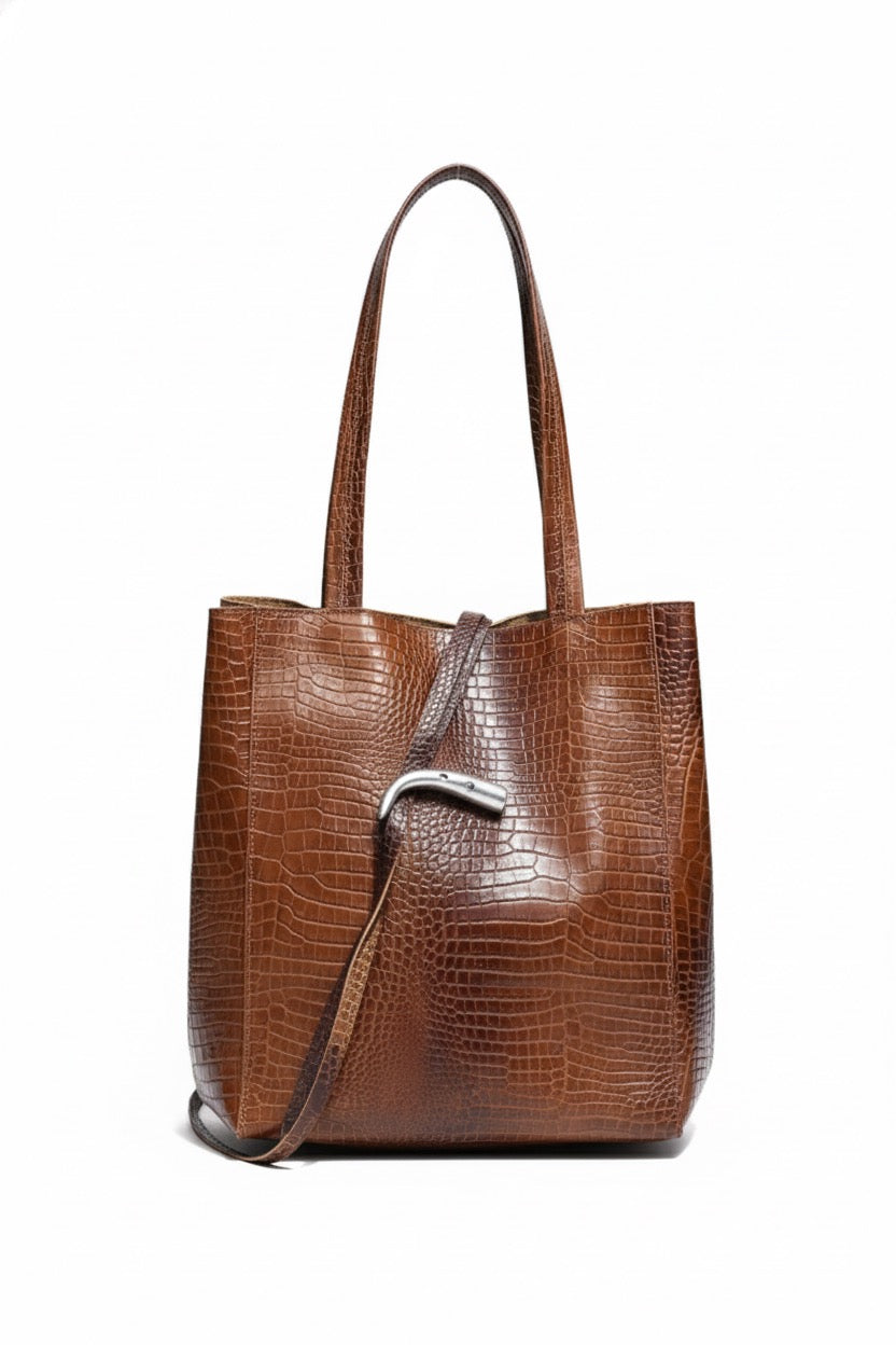 Cartera de Cuero Genuino Cecilia Camel Croco