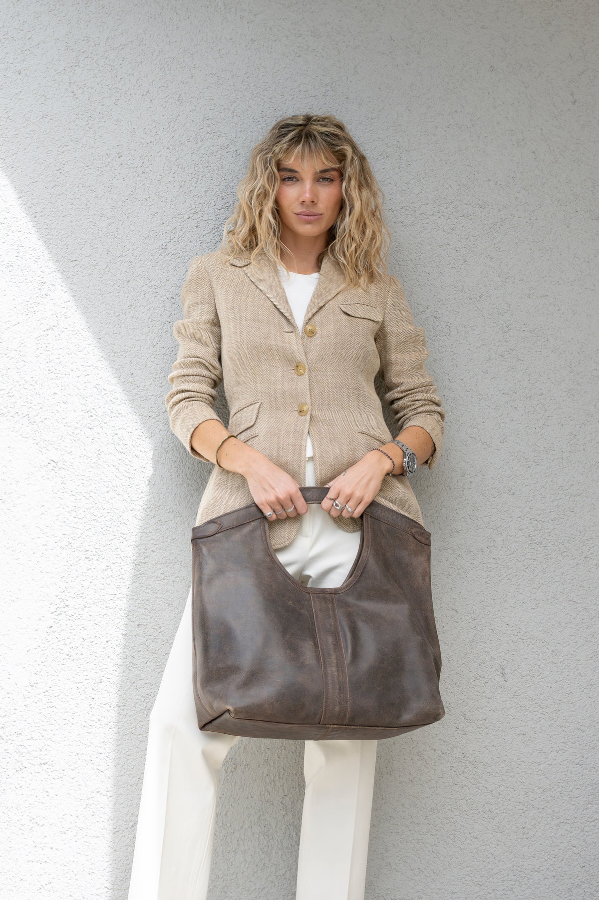 Cartera Cuero Genuino Gracia Taupe Grande