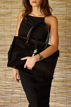 Cartera Tela y  Cuero Genuino Elena Negro Grande