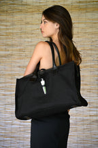 Cartera Tela y  Cuero Genuino Elena Negro Grande