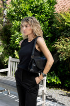 Cartera Cuero Genuino Margarita Negro Mediana