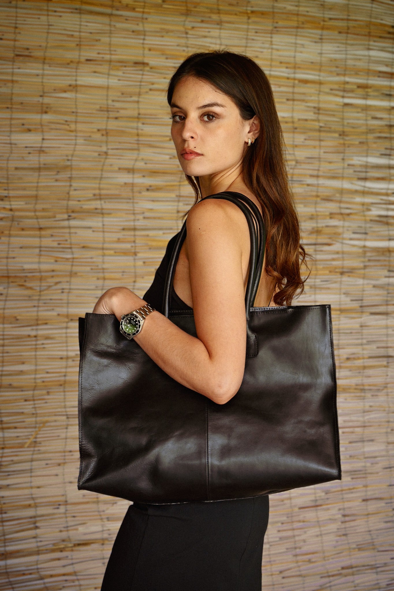 Cartera  Cuero Genuino Elena Negro Grande
